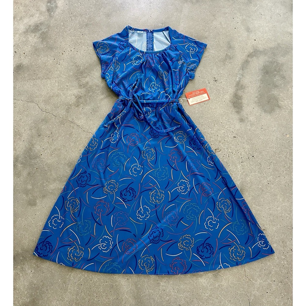 Vintage Blue Abstract Floral Dress Deadstock Belted